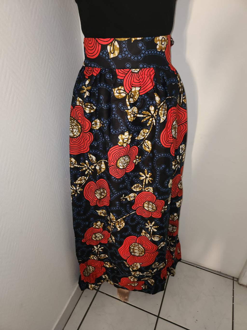 Jupe longue en wax Fleur Rouge