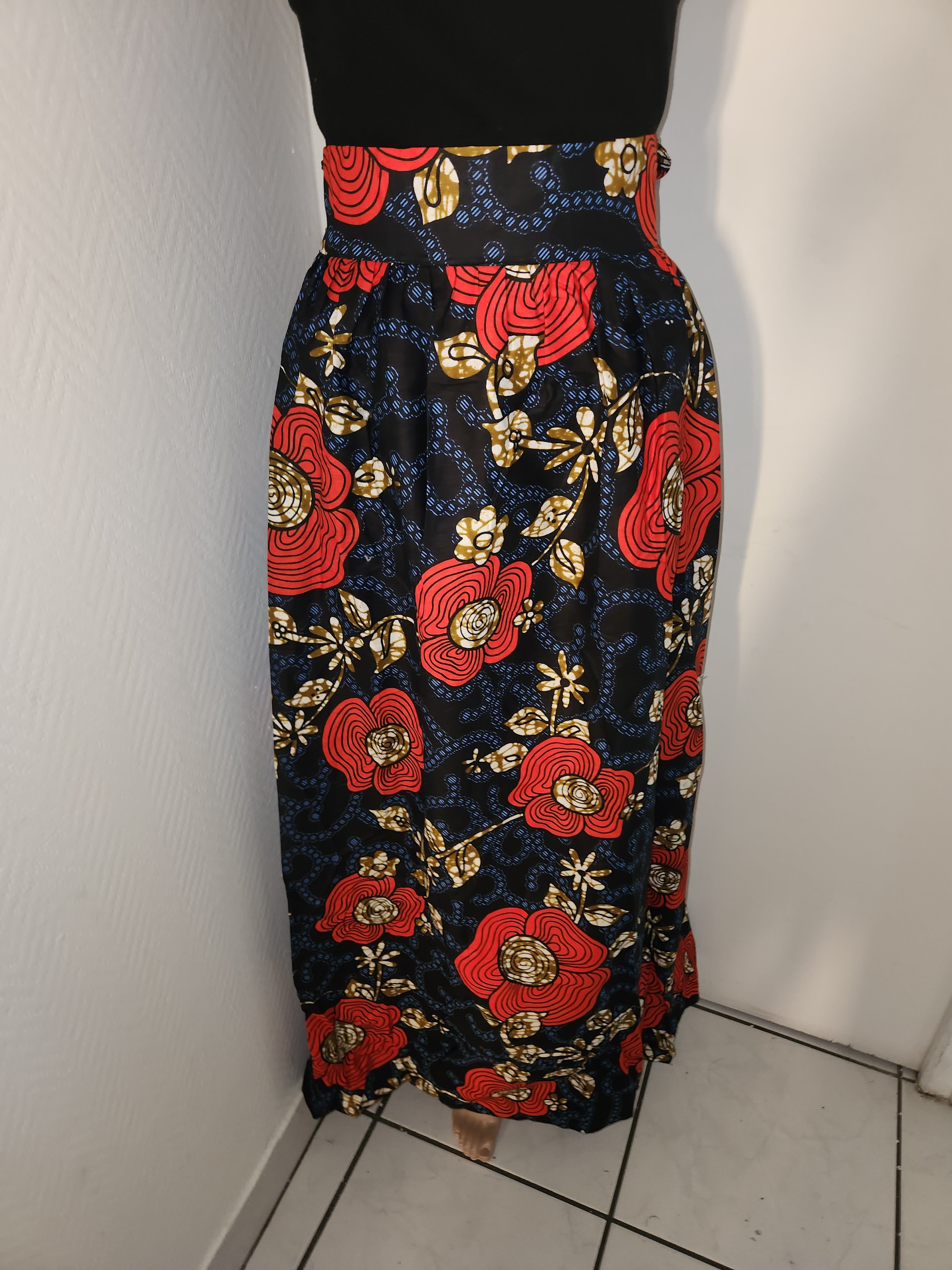 Jupe longue en wax Fleur Rouge